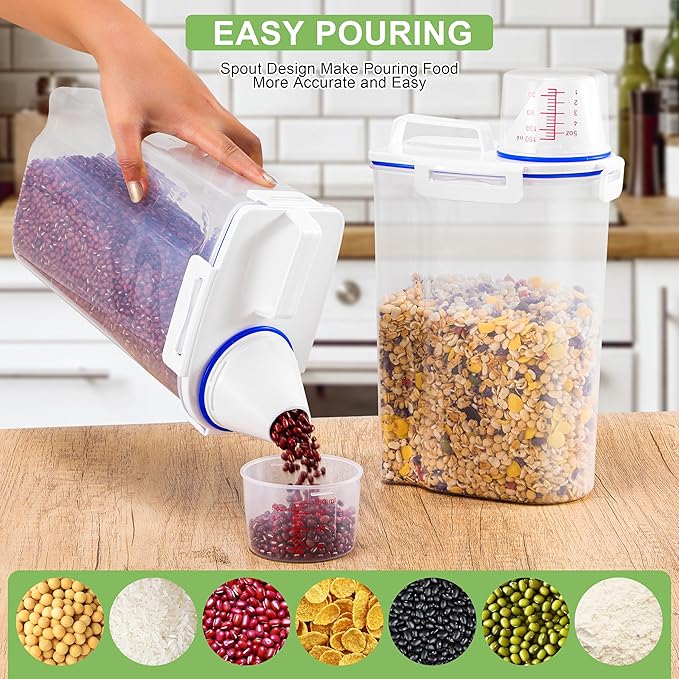 2 Pcs 5.5Lbs Rice Dispenser Storage Containers, Rice Container with Measuring Cup & Pour Spout, Kitchen Plastic Airtight Container for Cereal, Grain, Flour, Sugar, Oatmeal, Dry Pet Dog Food
