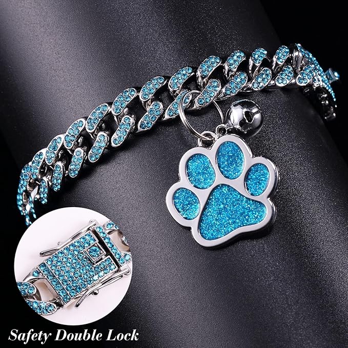 Hillban Cat Collar Diamond Chain Glitter Collar Walking Metal with Secure Buckle Cat Pet Necklace with Paw Charm and ID Tag Bell Link Cuban Jewelry Accessories Gift(8 Inch,Silver,Lake Blue)