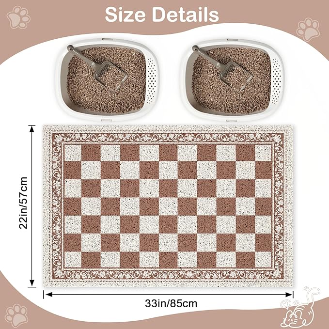 Bienbee Cat Litter Mat, 33" x 22" Waterproof Litter Box Mat Litters Rug with Non-Slip Bottom, Easy to Clean Litter Trapping Mat for Cat,Light Beige Checkerboard L