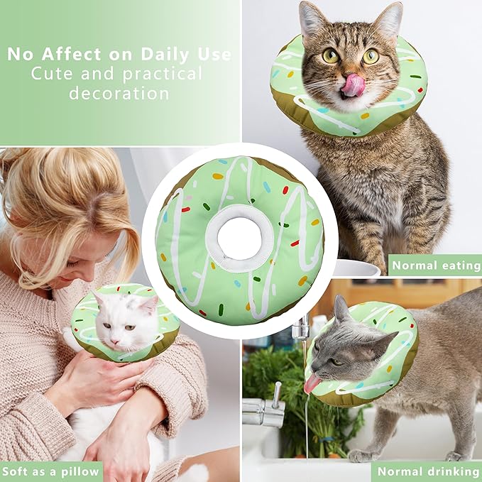 Seyezo Cat Cone Collar Soft, Adjustable Cat Recovery Collar Kitten Cones to Stop Licking, Cute Donut E Collar After Surgery, Cats Neck Pillow Cone Elizabethan Cones of Shame (Waterproof Green, Large)