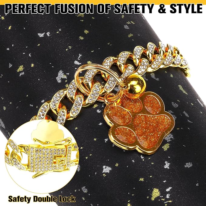 EXPAWLORER Cat Collar Chain,Diamond Gold Glitter Collar Walking Metal with Secure Buckle Link Cuban Pet Rhinestones Necklace Accessories with Paw Charm and Bell for Cats Dogs Kittens (10 Inch,Gold)