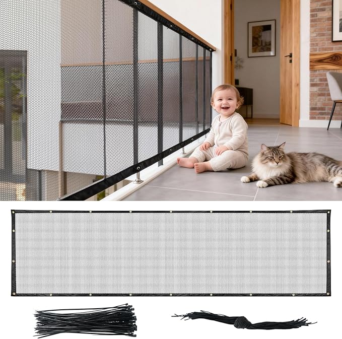 Banister Guard Safety Net 15 x 3 ft, Child and Pet Protection for Balcony and Stair, Black
