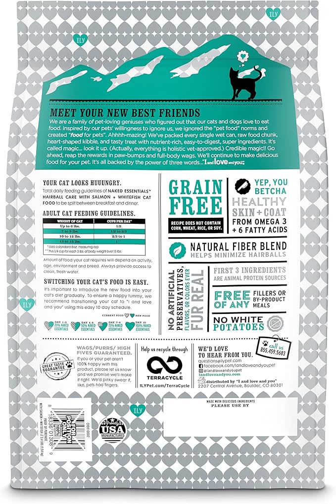I and Love and You Naked Essentials Dry Cat Food - Salmon + Whitefish for Hairball Care - Grain Free, Real Meat, No Fillers, 3.4lb Bag
