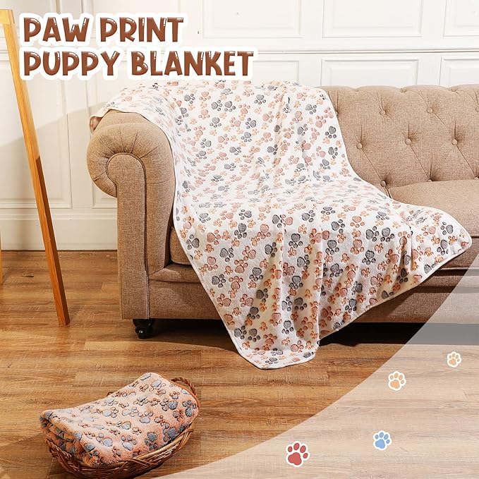 Tatuo 4 Pcs Dog Blanket for Pet Puppy Teething Toys Paw Print Fleece Blanket for Pet Cat Soft Warm Sleep Mat Guinea Pig Cage Mat(XX-Large(40 x 63 Inch),White, Coffee, Pink, Purple)