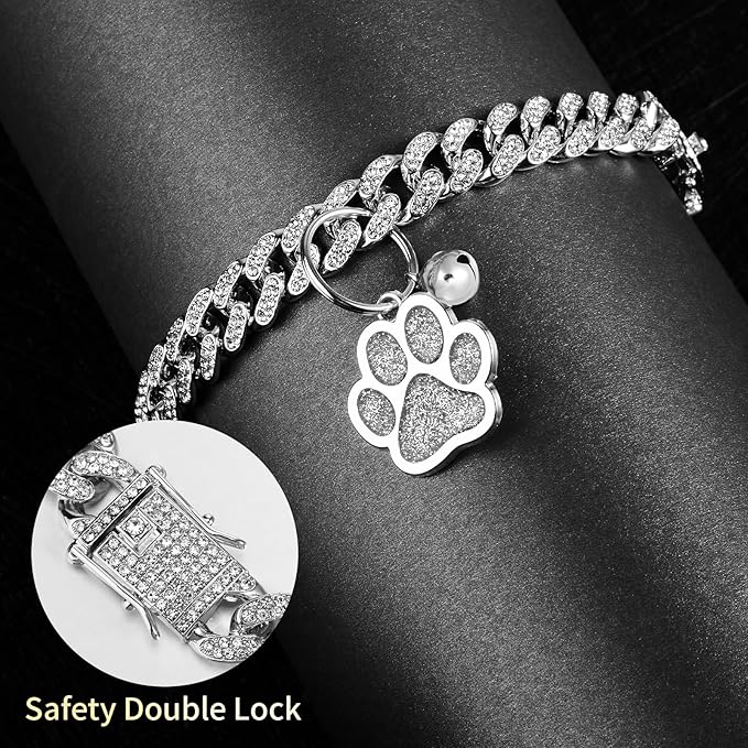 Hillban Cat Collar Diamond Chain Glitter Collar Walking Metal with Secure Buckle Cat Pet Necklace with Paw Charm and ID Tag Bell Link Cuban Jewelry Accessories Gift(10 Inch,Silver)