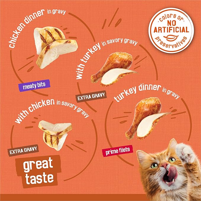Purina Friskies Wet Cat Food Gravy Variety Pack, TurChicken Extra Gravy Chunky, Meaty Bits and Prime Filets - 48 ct. Can