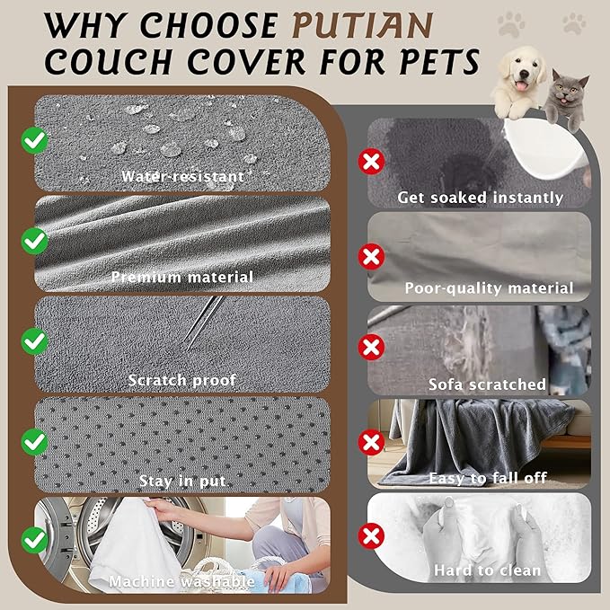 PuTian Couch Cover for Dogs - Waterproof Anti-Scratch Washable Non Slip 3 Cushion Cover Blanket L Shaped Recliner Sectional Arm Chair Sofa Slipcover for Pet Cats Kids, 71''X118'' Boho Grey