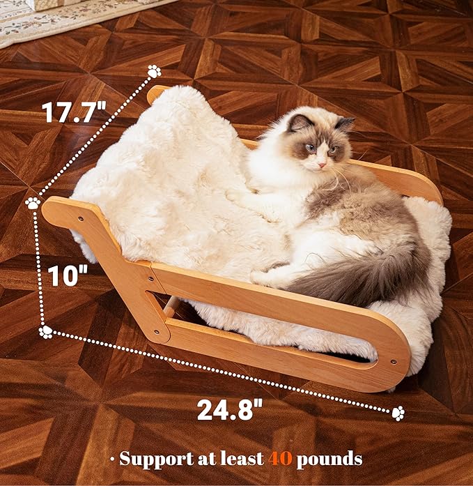 CHEERHOME PETS Elevated Cat Couch Bed for Indoor, Wooden Cats Sofa with Washable Fluffy Cover Raised Kitty Lounge Chair Suitable for Puppy(Cat Lounge Off-White)