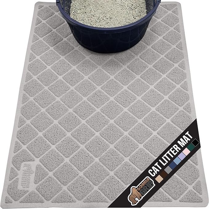 GORILLA GRIP Cat Litter Box Mat, 35x23, Water Resistant, US Designed Kitty Litter Trapping Mats, Easy to Clean, Scatter Control, Less Mess and Clean Floors, Kitten Supplies for Indoor Cats, Light Gray