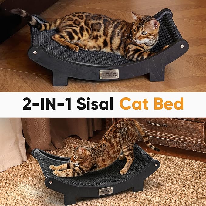 FUKUMARU Cat Scratcher Bed Sisal, 23.6 Inch Durable Scratching Bed for Indoor Cats, Large Cat Scratch Pad, 100% Natural Sisal Hammock, Solid Wood Frame Lounger Chair for Sleep & Scratch (Black)