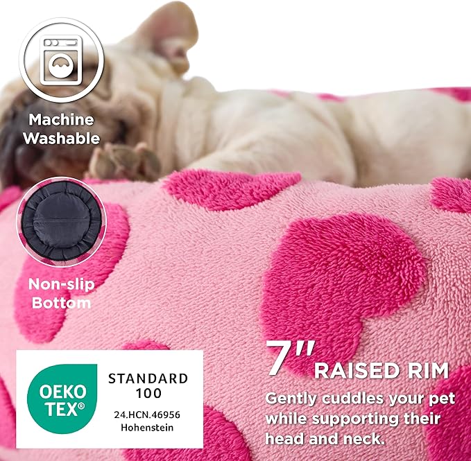 LE SURE Donut Small Dog Bed - Round Cat Beds Indoor Calming Valentine's Day Gift for Pets, Washable Cute Home Decor Beds with Jacquard Shaggy Plush & Anti Slip Bottom, 23 Inch, Lover Hearts