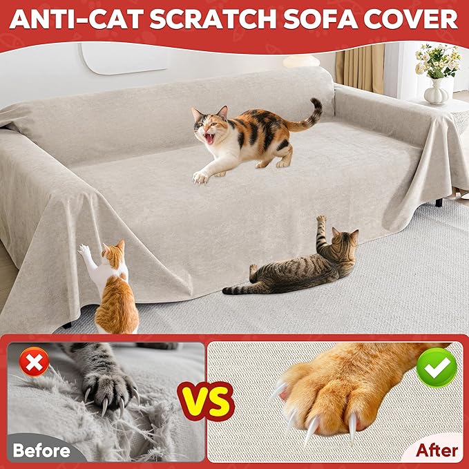 Cat Scratch Furniture Protector - Anti-Slip, Waterproof Sofa Cover to Keep Cats Off, Pet-Friendly Couch Protectors for 3 Cushion Couch, Khaki Anti-Scratch Couch Cover for Pets and Kids 118"X71"