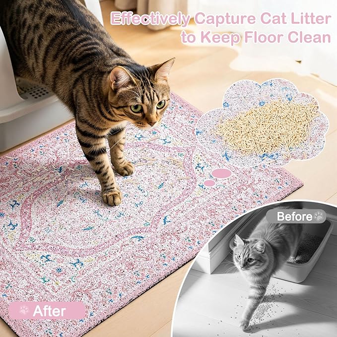 Bienbee Cat Litter Mat, 24" x 15" Waterproof Litter Box Mat Litters Rug with Non-Slip Bottom, Easy to Clean Litter Trapping Mat for Cat,Pink-Green Datura M