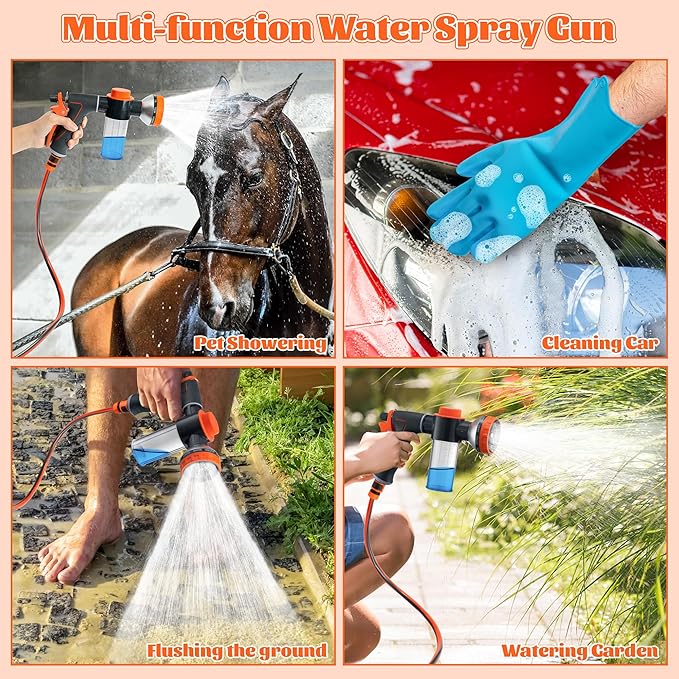 MALLMALL6 Dog Washing Hose Attachment with Pet Grooming Glove & 2 Soap Dispenser, 10-in-1 Spray Modes Foam Nozzle Sprayer with 8.2Ft Pup Washer Hose for Showering Pets Car Wash Watering Flowers
