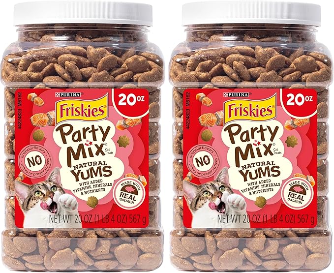 Friskies Purina Natural Cat Treats Party Mix Natural YUMS with Real Salmon and Added Vitamins, Minerals and Nutrients - 20 Oz. Canister (Pack of 2)