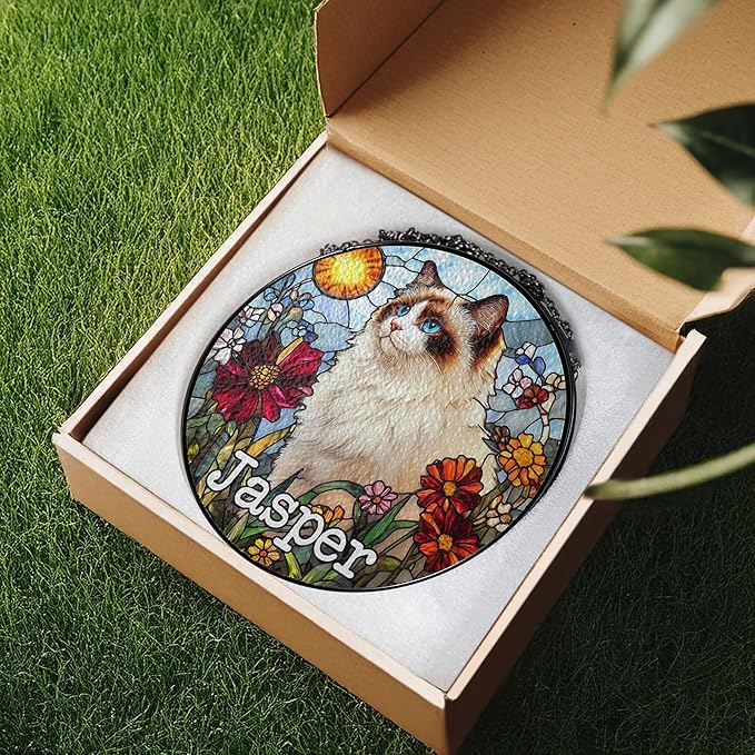 Custom Cat Dog Portrait Art Suncatcher Stained Glass Window Hanging Remembrance Gift Indoor Decor Dog Bereavement Keepsake Loss of Pet Sympathy with Name Date Portrait