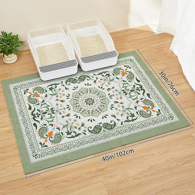 Unicorn Catcher Cat Litter Mat 40" x 30" Non-Slip Litter Box Mat Washable Litter Catcher Mat for Litter Box Indoor Food Mat Supplies Essentials, Green Mandala