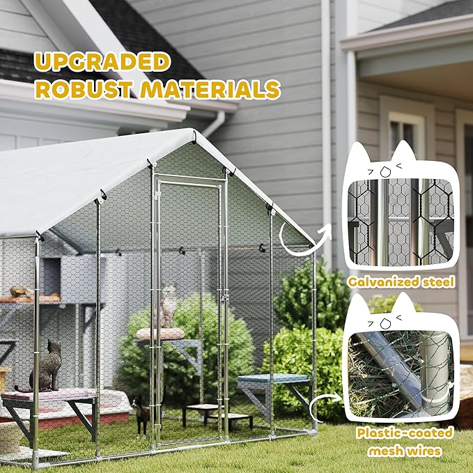 PawHut Catio Outdoor Cat Enclosure, 94.5" Extra Large Walk-in Cat House with Waterproof Cover, 2 Resting Boxes, 7 Jumping Platforms, Chicken Run Coop, Rabbit Hutch, Feral Cat Shelter Pointed Roof