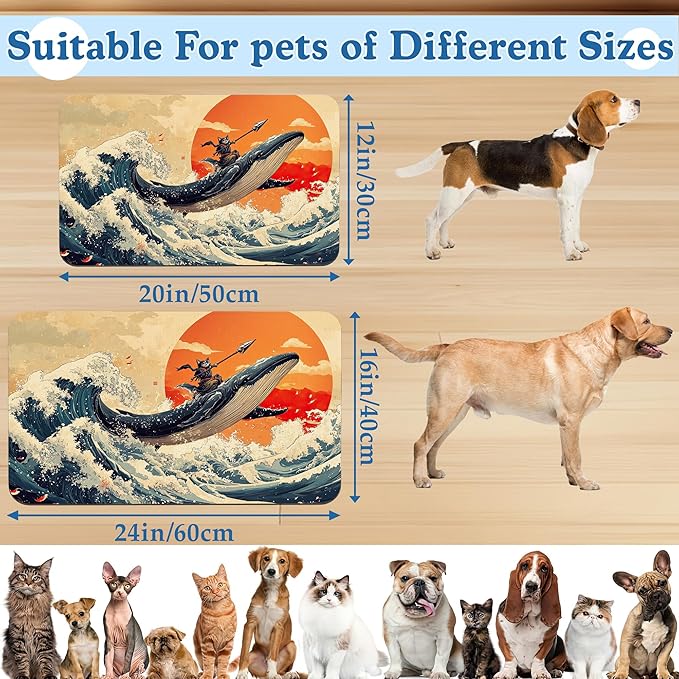 Wave Cat Dog Food Mat,Christmas Stocking Ukiyo-e Whale Absorbent Quick Dry Feeding Placemat for Food and Water Bowls, Non Slip Rubber Backing, Waterproof Pet Supplies for Mess-Free Eating 16"x24"