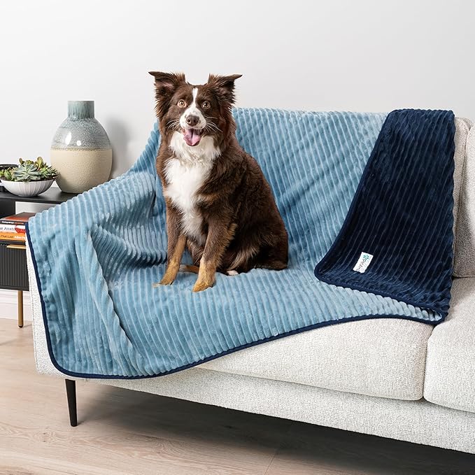 PetAmi Waterproof Dog Blanket, Leakproof Pet Blanket for Small Medium Large Dogs, Reversible Furniture Bed Sofa Couch Cover Protector, Plush Striped Pet Throw for Indoor Cat, 24x32 in, Navy Blue