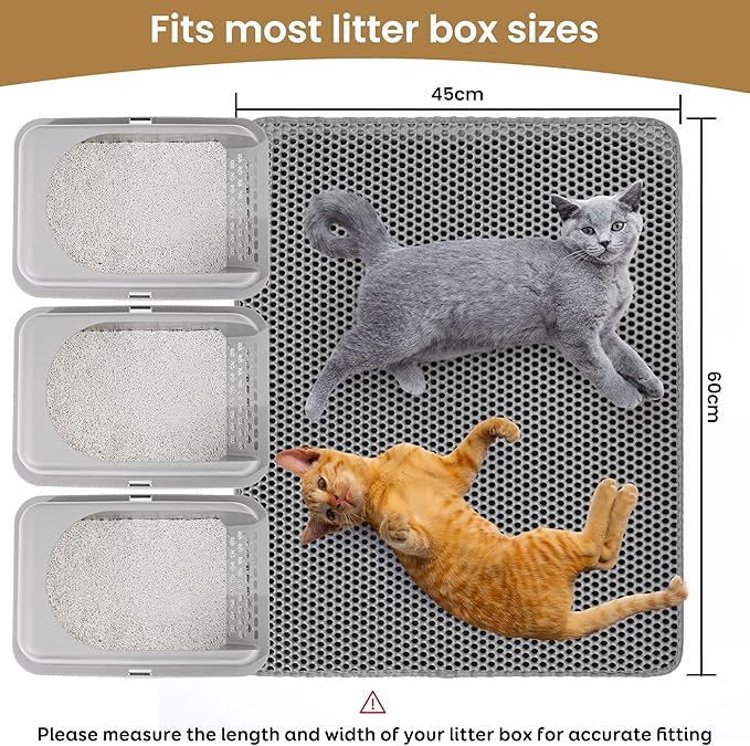 Cat Litter Mat 24x18 Inches, Honeycomb Double Layer Traps Litter & Waterproof Leatherette Bottom Prevents Urine Leaks, Durable & Easy Clean Pet Floor Protector for Cat Litter Box Area（Grey）
