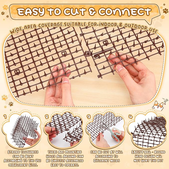 Sanwuta 2 Pcs 26.3 ft Cat Spike Mat Outdoor Cat Deterrent Mat with Spikes Prickle Strips Indoor Dog Digging Deterrent Anti Network Spikes with 10 Staples for Garden Fence(Brown)