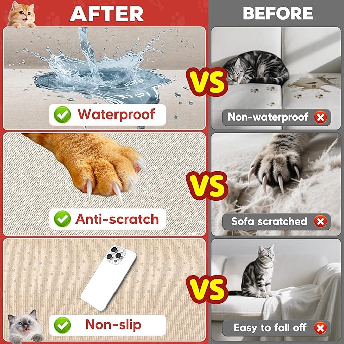 Cat Scratch Furniture Protector - Anti-Slip, Waterproof Sofa Cover to Keep Cats Off, Pet-Friendly Couch Protectors for 3 Cushion Couch, Khaki Anti-Scratch Couch Cover for Pets and Kids 118"X71"