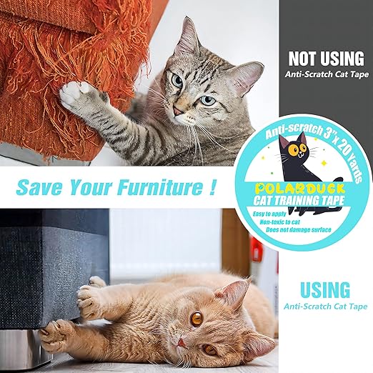 Polarduck Anti Cat Scratch Tape, 3 inches x 20 Yards Cat Training Tape, 100% Transparent Clear Double Sided Cat Scratch Deterrent Tape, Furniture Protector for Couch, Carpet, Doors, Pet & Kid Safe