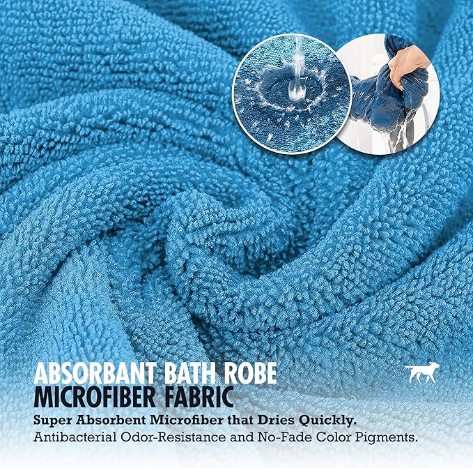 Tuff Pupper Bathrobe, Medium, Blue - Fast Drying Dog Towel Robe/Dressing Gown, 800 GSM Plush, Super Absorbent, Adjustable Hood & Belly Strap, Super Soft, Microfiber, Quick Dry