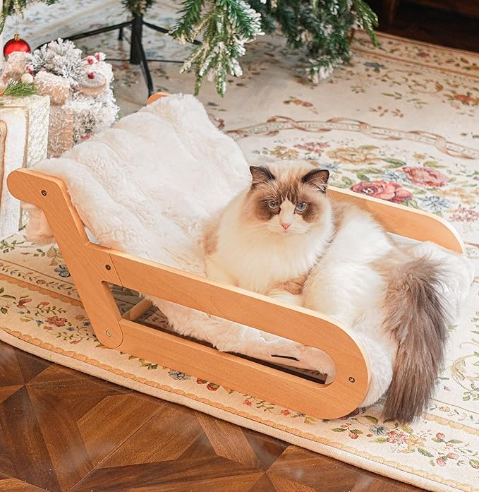 CHEERHOME PETS Elevated Cat Couch Bed for Indoor, Wooden Cats Sofa with Washable Fluffy Cover Raised Kitty Lounge Chair Suitable for Puppy(Cat Lounge Off-White)