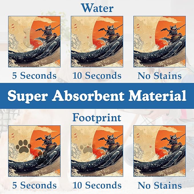Wave Cat Dog Food Mat,Christmas Stocking Ukiyo-e Whale Absorbent Quick Dry Feeding Placemat for Food and Water Bowls, Non Slip Rubber Backing, Waterproof Pet Supplies for Mess-Free Eating 16"x24"