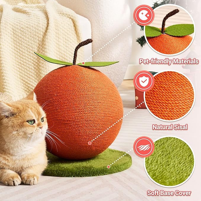 Orange Cat Scratching Post, Cute Cat Scratcher with Sisal Rope, Cat Scratch Post for Indoor Adult Cat and Kitten, Cat Scratching Ball
