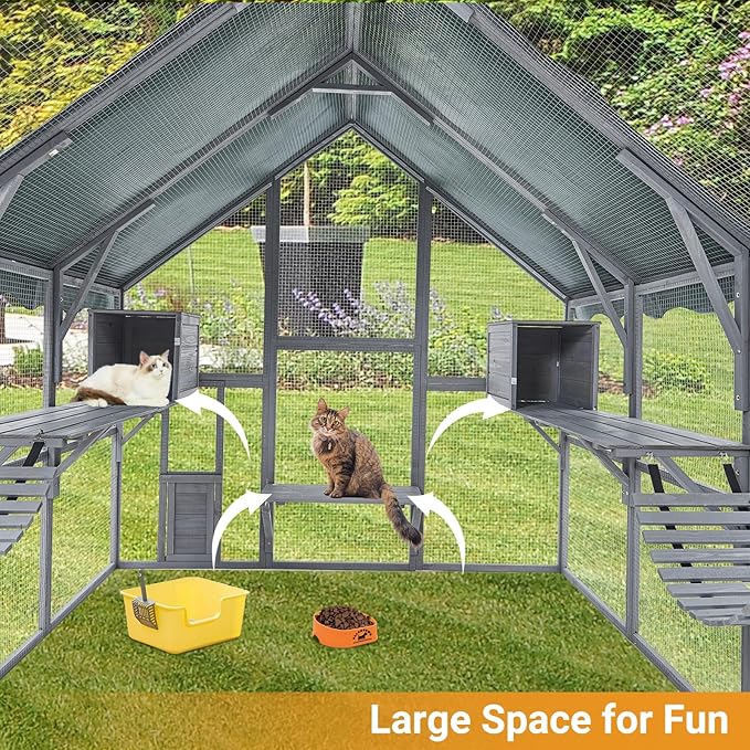 PeakPursuit Extra Large Cat Enclosure,110 Inch Large Catio with Waterproof Roof, Pet Habitat for 57 FT² Space, Outdoor Pet House with 7 Platforms,2 Resting Box and 2 Bridges, for Small Animals Use