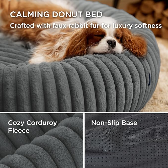 Bedsure ComfyFleece Donut Small Dog Bed - Dog Beds for Small Dogs with Corduroy Fleece & Anti Slip Bottom, Round Faux Fur Pet Beds with Washable Removable Cover, Warm Grey, 23x23x7 inches