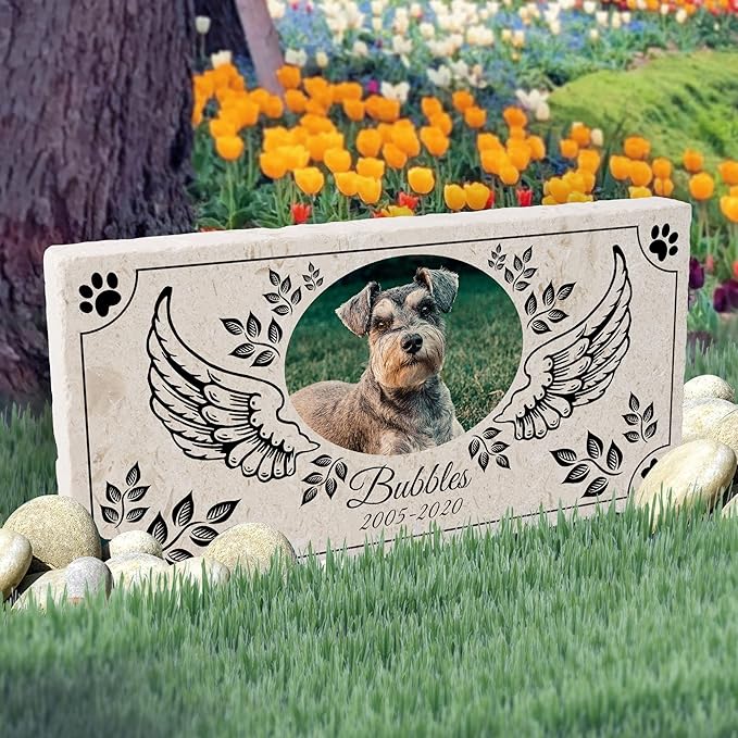 Personalized Pet Memorial with Keepsake Photo on Limestone - Headstones, Garden Stones, and Grave Markers for Dogs - Dog Memorial Stone, Pet Memorial Gifts - 12”x 6”x1.25" D (A. Bubbles Design)