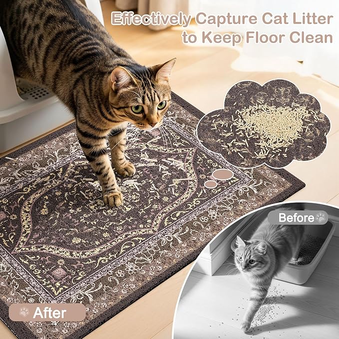 Bienbee Cat Litter Mat, 33" x 22" Waterproof Litter Box Mat Litters Rug with Non-Slip Bottom, Easy to Clean Litter Trapping Mat for Cat,Black-Brown Datura L