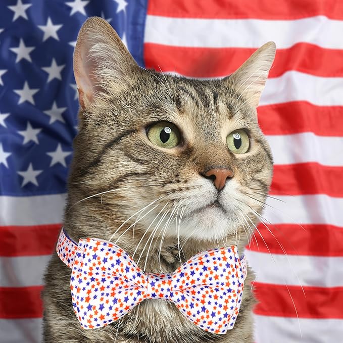 2 Pack 4th of July Cat Collar with Bow Tie Patriotic Adjustable Breakaway Safety Buckle Kitten Collars with Stars & Stripes Design and Charm Independence Day Cat Accessories for Boys & Girls