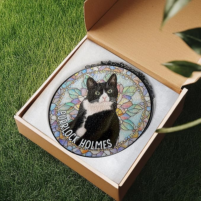 Custom Cat Portrait Art Suncatcher Stained Glass Window Hanging Remembrance Gift Indoor Decor Dog Bereavement Keepsake Loss of Pet Sympathy with Name Date Portrait