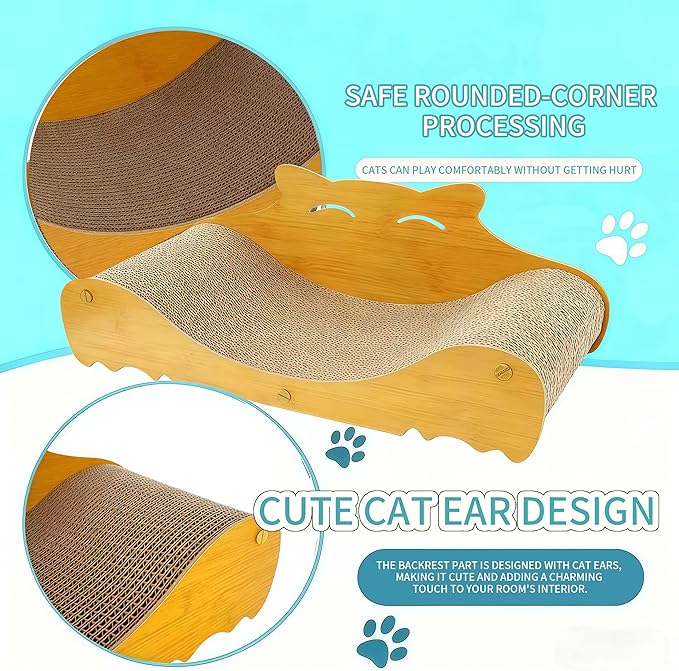 Cat Scratching Board with Natural Wood Color Sturdy Frame and Cardboard Liner, 24in x 9.5in Indoor Cat Lounger, Furniture Protection Scratching Pad, Durable