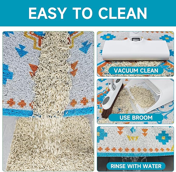 Cat Litter Mat, 35" x 23" Litter Box mat, Traps 100% Litter, Non-Slip Kitty Litter Trapping mats, Large Cute Litter mat, Easy Clean for Scatter Control, Bohe cat Food mat, Urine Waterproof