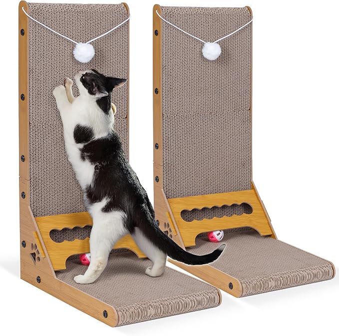 Cat Cuddles Cardboard Cat Scratcher for Indoor Cats, 2-Pack - 3-in-1 Vertical & Horizontal Cardboard Scratch Pad with Toy Ball - L-Shape Scratching Post for Furniture Protection