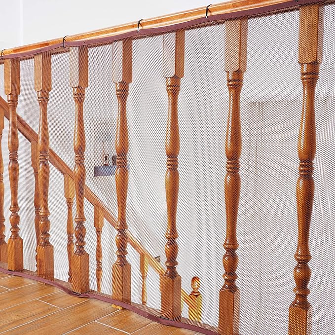 Baby Gates for Stairs with Banister, Guard Safety Net for Baby, 10ft x 3ft Stair Railing Mesh Barrier for Kids, Cats, Dogs, Child Safety Rail Guard - Dark Brown