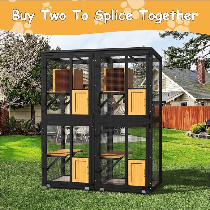 4 Tiers Catio Outdoor Cat Enclosure, Indoor Cats House with 4 Wheels, Cat Enclosure Window Access with Removable Floor, Upgraded Resting Box, Waterproof Roof, Wooden Indoor Pet Cage, Black
