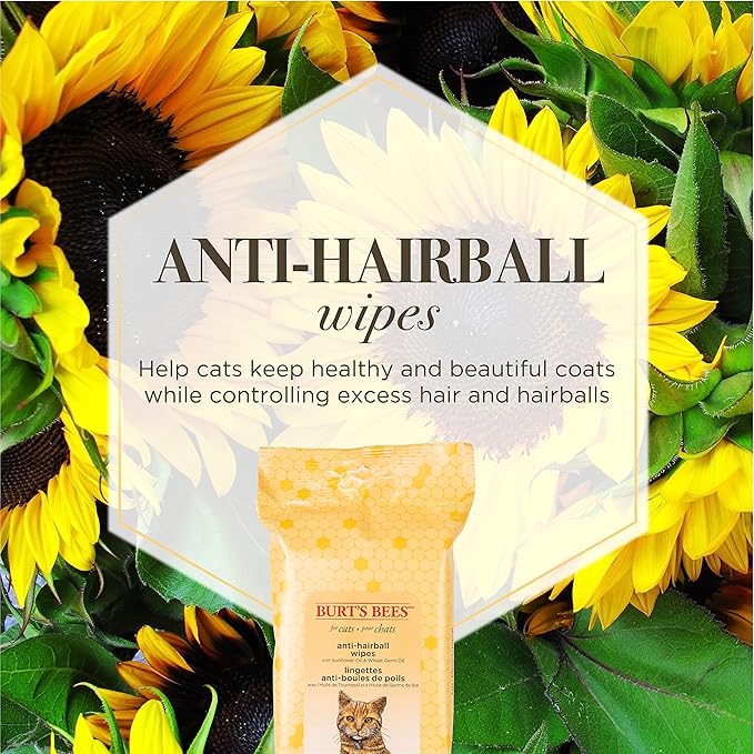 Burt's Bees for Pets Anti-Hairball Wipes for Cats, Sunflower Oil and Wheat Germ Oil, 98% Natural Origin, Cruelty-Free Cat Hairball Remedy Wipes, pH Balanced, Made in the USA, 50 Count - 6 Pack