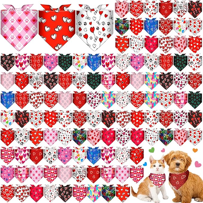 Sanwuta 120 Pcs Valentines Dog Bandanas Bulk Heart Bandanas Valentine's Day Adjustable Washable Pet Triangle Scarf Red Pink Heart Pattern Scarf for Small and Medium Dogs, 30 Style