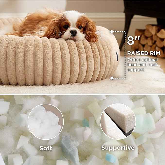 Bedsure ComfyFleece Donut Medium Dog Bed - Washable Faux Fur with Corduroy Fleece & Anti Slip Bottom, Round Pet Bed with Removable Cover,Sandy Beige,30x30x8 inches