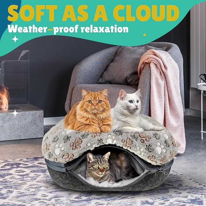 RINGTAIL Peekaboo Cat Cave - for Multiple & Large Cats Up to 30-45 lbs, Comfy Donut Cat Bed with 2 Soft Fluffy Fleece Cat Blankets, Scratch, Detachable & Washable Tunnel Bed (Dark Gray, Large)