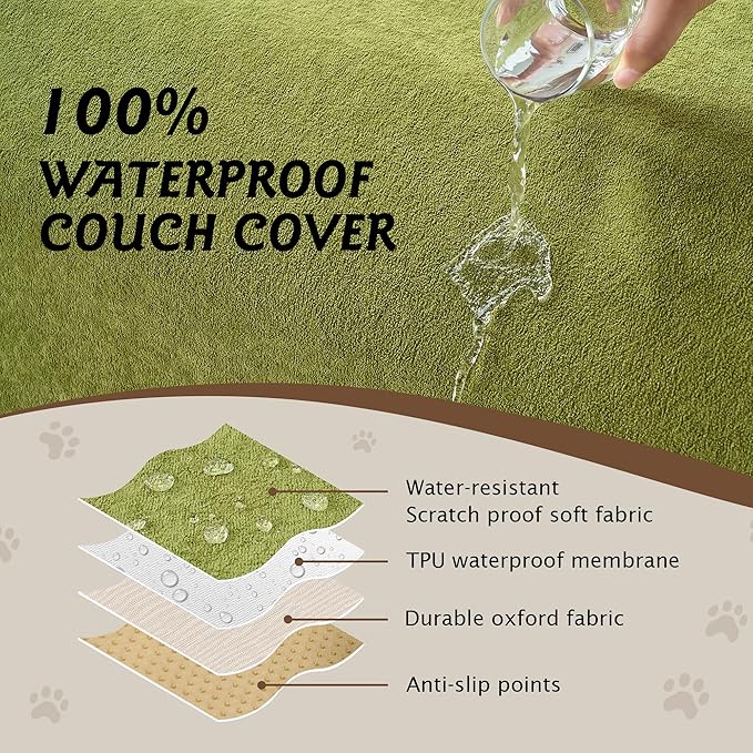 PuTian 100% Waterproof Couch Cover for Dogs - Anti-Scratch Washable Non Slip 2 Cushion Cover Blanket for L Shaped Sectional Recliner Chair Sofa Slipcover for Pet Cats Kids, 71''X134'' Boho Green