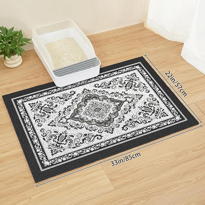 Unicorn Catcher Cat Litter Mat 33" x 22" Non-Slip Litter Box Mat Washable Litter Catcher Mat for Litter Box Indoor Food Mat Supplies Essentials, Black