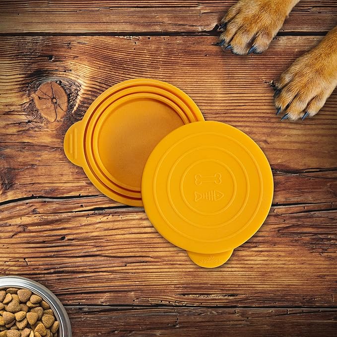 Silicone Pet Food Can Covers - Airtight Lids for Dog & Cat Wet Food Storage, Bone Appetit Food Savers for Freshness (Yellow Mango 2 Pack)